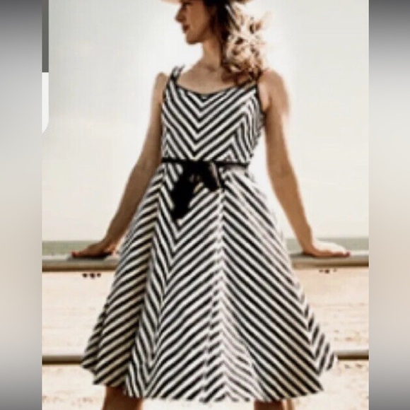 Talbots SHORELINE Navy/ White Denim Canvas Chevron Striped Midi Dress Sz 6P - Picture 2 of 16